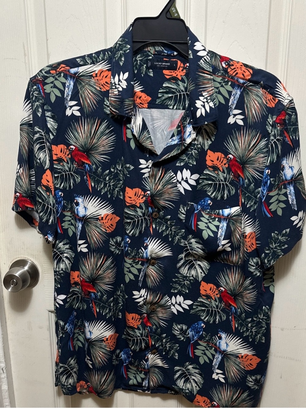 Lucky Brand Navy Tropical Parrot Print Short Sleeve Shirt Size L